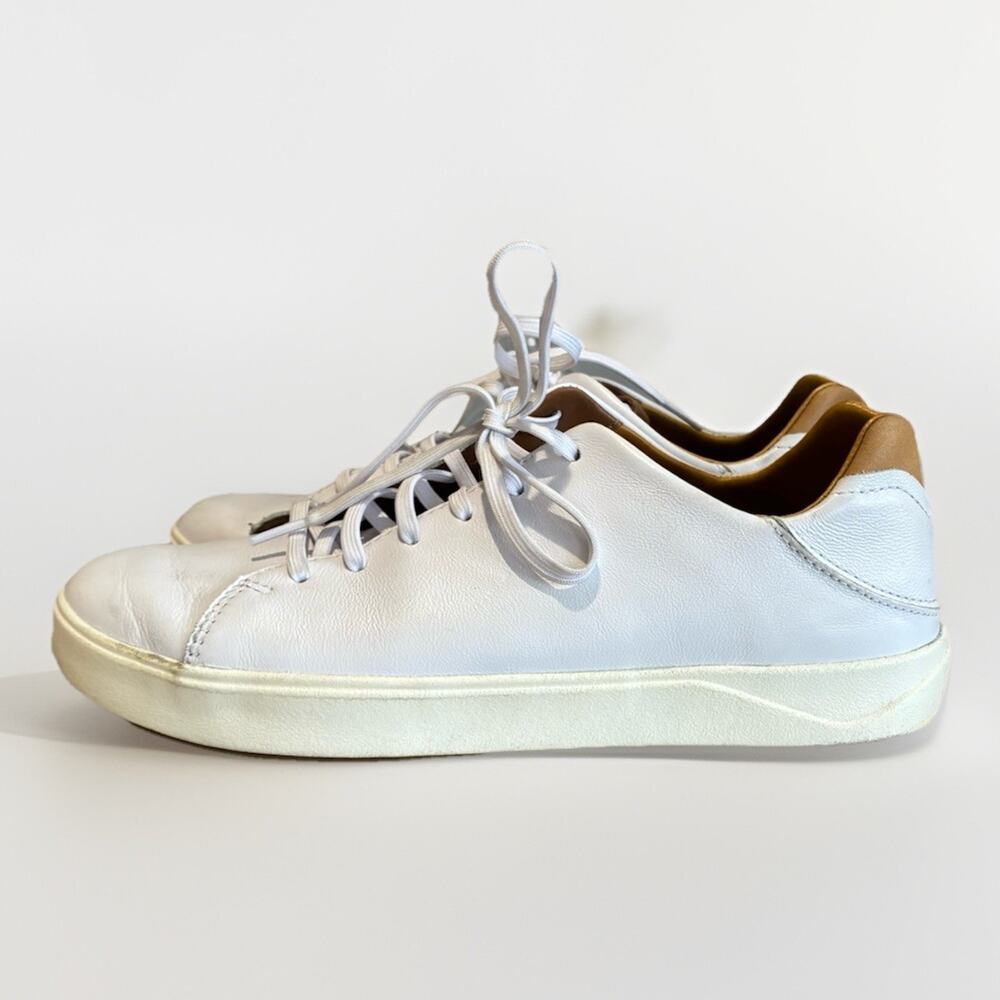 OluKai White and Brown Low-Top Leather Sneakers